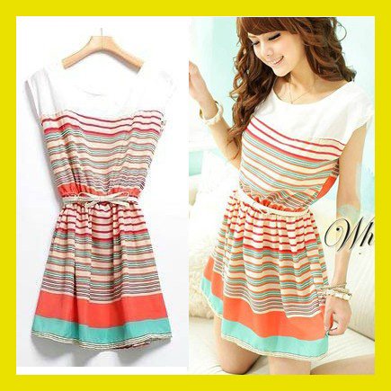 [CPA-Free] Wholesale-New 2012 Dress Colorful Stripes Belt Women Mini Fashion Summer Chiffon Dress With Belt
