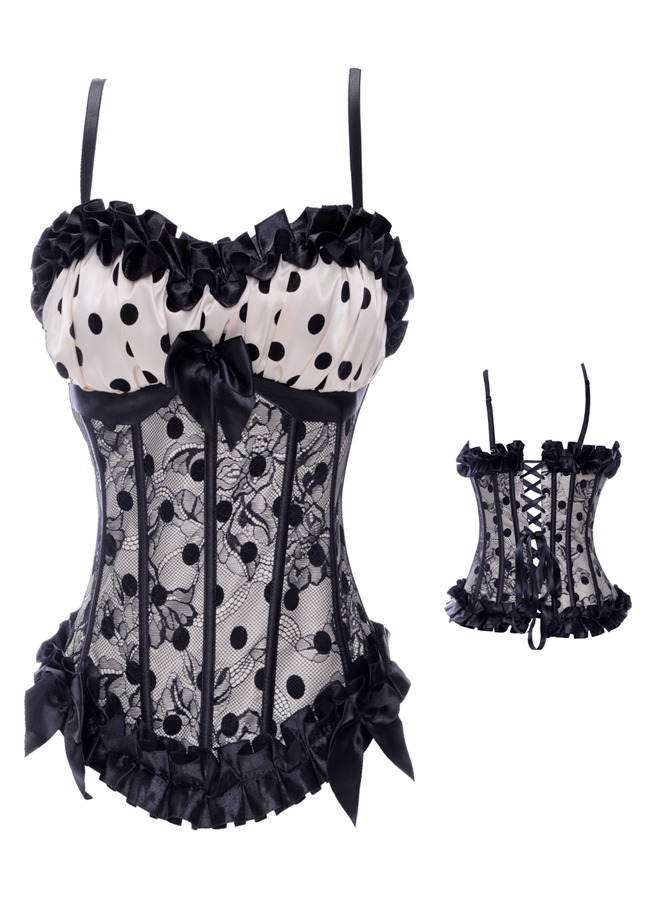 Cream white with black dots and lace overlay lace up boned strap padded cup costume S-2XL  dropship