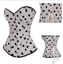 Cream white with Black dots lace up boned corset busiter+G-string S-2XL M0206