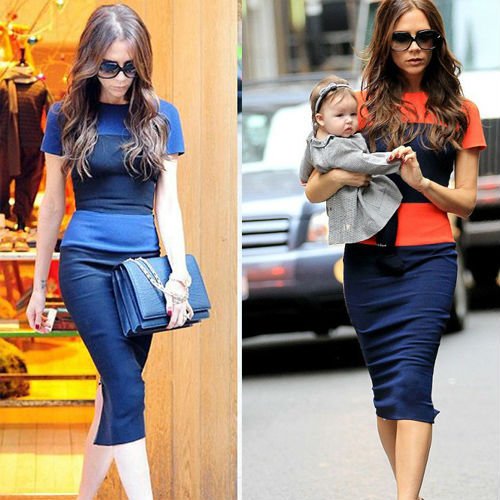 CREW NECK COLOR BLOCK SHORT SLLEVE SLIT BACL BODYCON DRESS WITH BACK ZIPPER 3214