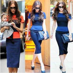 CREW NECK COLOR BLOCK SHORT SLLEVE SLIT BACL BODYCON DRESS WITH BACK ZIPPER, Dress