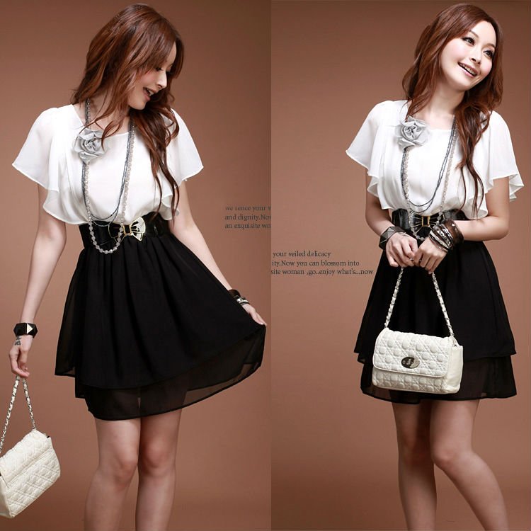 CREW NECK SHORT SLEEVE ELASTIC WAIST DRESS BELT INCLUDE WHITE S 0412