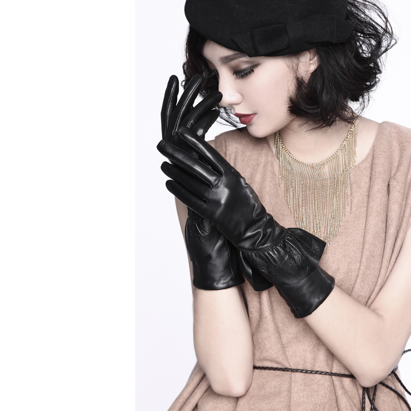 Crievn 2012 new arrival winter thermal thickening ruffle medium-long genuine leather gloves women's gloves
