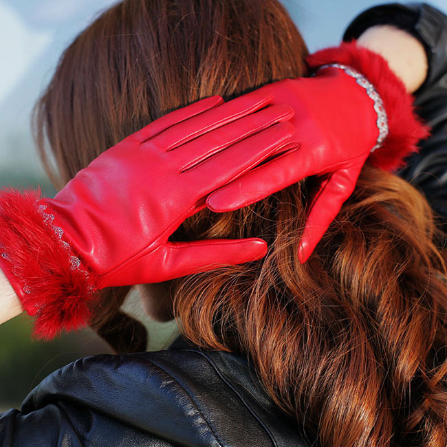 Crievn women's genuine leather sheepskin gloves pure rabbit fur genuine leather fashion thermal leather gloves women's genuine
