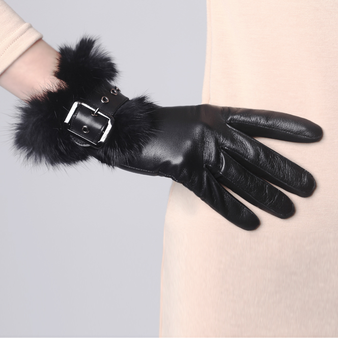 Crievn women's sheepskin genuine leather gloves winter thermal pure rabbit fur women's genuine leather gloves