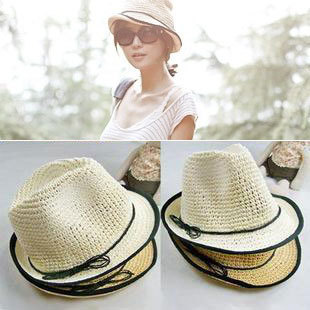 Crochet big strawhat sun-shading beach hat straw braid roll up hem mesh casual cap