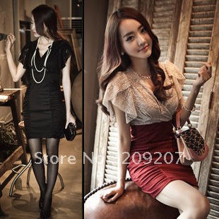 cross V-neck lace patchwork puff sleeve pleated slim hip elegant one-piece dress