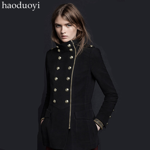 Cultivate one's morality in military uniform thick coat delicate golden double breasted long zipper medium style coat