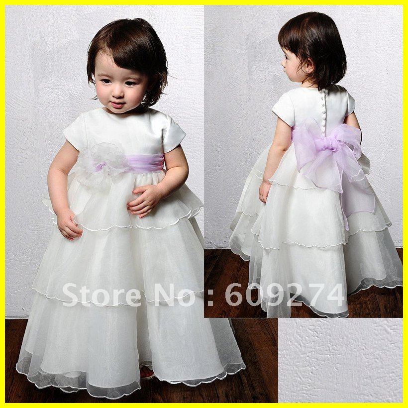 Custom 2012 Cheap Short Sleeve White A line Flower Girl Dresses Organza Bow Empire Princess Flower Kid's Dress