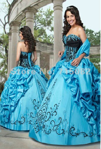 Custom Chinese 2013 Luxury Blue Black Embroidery Quinceanera Dresses Free Shipping