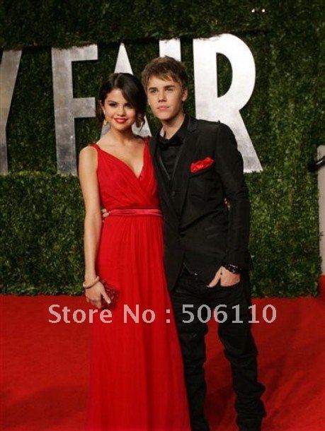 Custom Justin-Bieber-Selena-Gomez-Vanity-Fair-Oscars V-neck Sexy  red carpet Celebrity Dresses Evening Formal prom Dress Gown