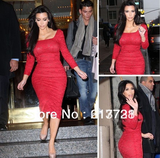 Custom Made 2012 Sexy kim kardashian Red Lace Evening Dresses Tea Length Long Sleeve Square Celebrity dresses 12011