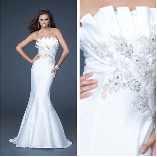 Custom Made 2012 Summer Mermaid Strapless Floor Satin Christmas Elegant White Prom Dress