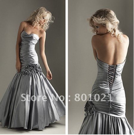 Custom Made 2012 Summer Taffeta Floor  Floral Applique Strapless Silver Mermaid Prom Gown