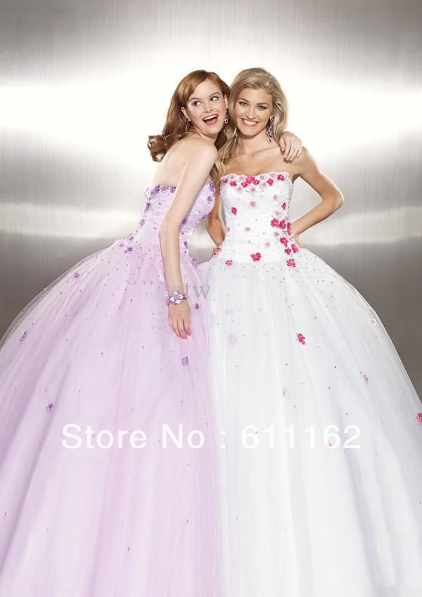 Custom Made  2013  New arrival Quinceanera dresses white strapless flowers sequins tulle satin Prom Ball Gowns