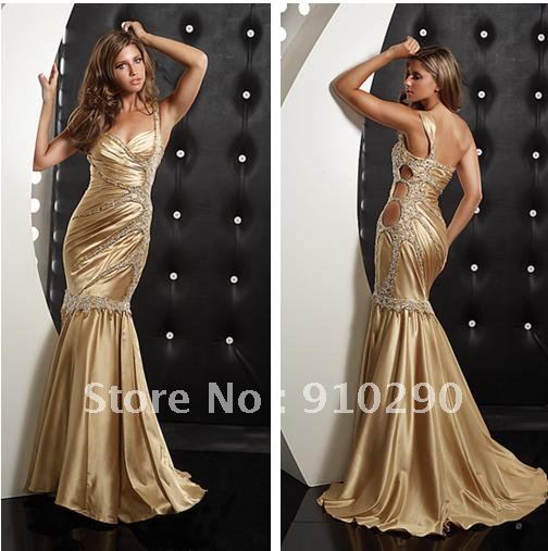 Custom Made 2013 Summer One Shoulder Gold Mermaid Christmas Sequined Prom Dresses