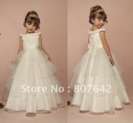 Custom Made A-Line Ruffle Flower Girl Dress Floor-length Taffeta First class Kid Dress Sky736
