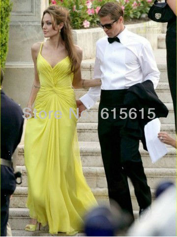 Custom-made Angelina Jolie Yellow Formal Evening Dress Spaghetti Strap Ruffle Chiffon Celebrity Red Carpet Dress