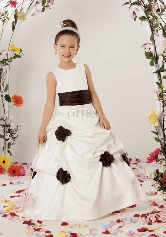 Custom-made Any color! Beautiful White Satin With Belt applique Flower Grils Dress