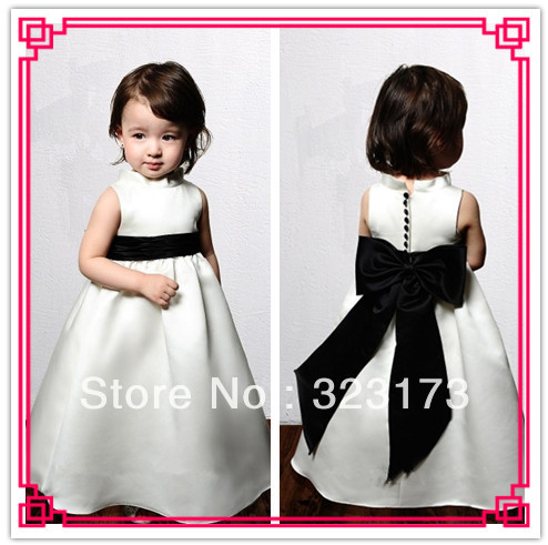 Custom Made Ball Gown Satin Sash High Neckline Floor Length White and Black Kids Dresses for Weddings
