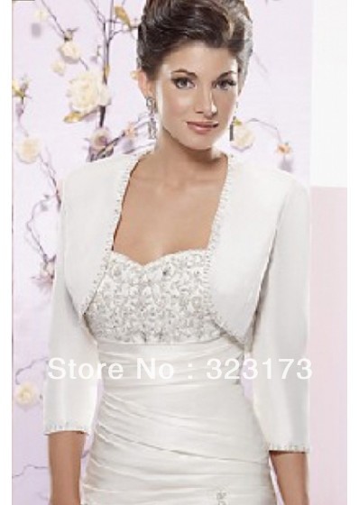 Custom Made Beaded 3/4 Sleeves White Satin Wedding Bridal Jackets Shawl Shrug