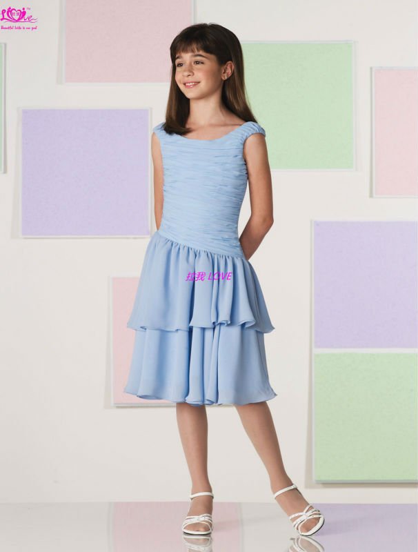 Custom Made Beautiful Chiffon Light Blue Knee Length Pleated Layered Cheap Flower Girl Dress