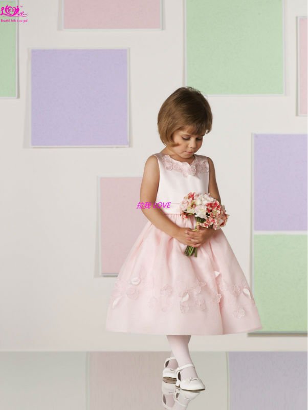 Custom Made Beautiful Satin Double Shoulder Jewel Long Pink Flower Appliqued Ball Gown Discount Princess Flower Girl Dress