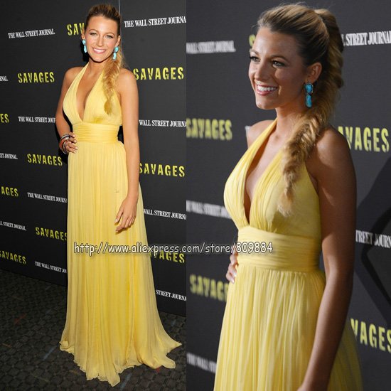 Custom Made Blake Lively A-Line Halter Chiffon Yellow Backless Best Dressed Celebrity Dresses Evening Dress Free Shipping-dk11