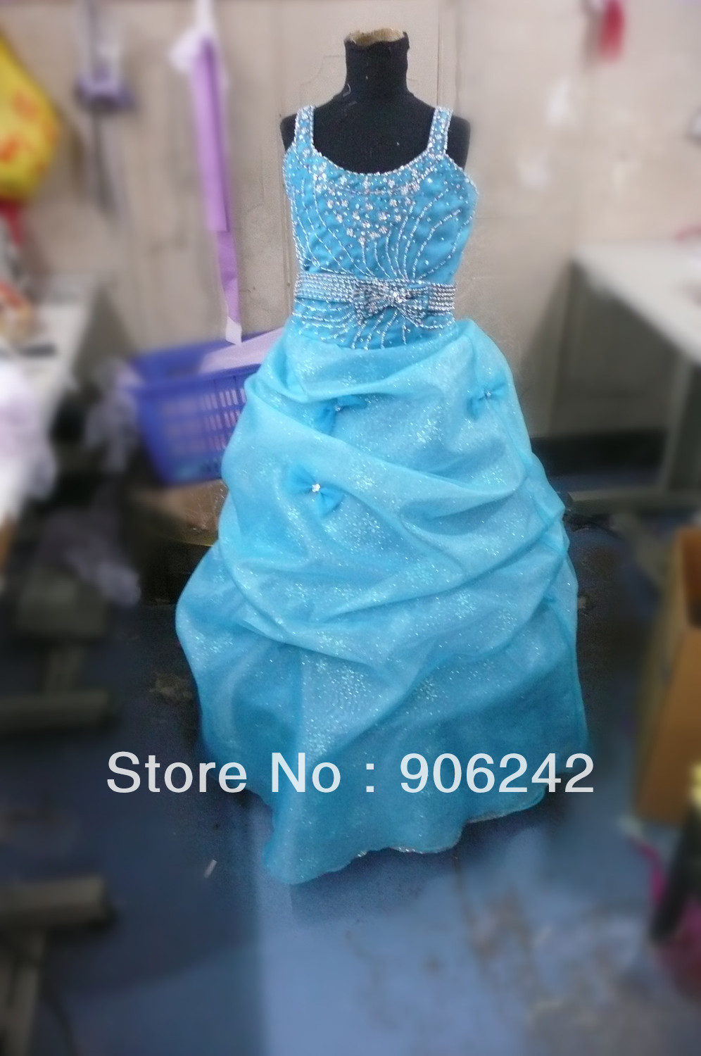 Custom Made Blue Organza Beading Spaghetti Straps Newest Bridal Flower Girl Dress LR-C