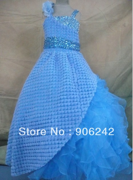 Custom Made Blue Organza Handmade Flowers Beading Newest Bridal Flower Girl Dress