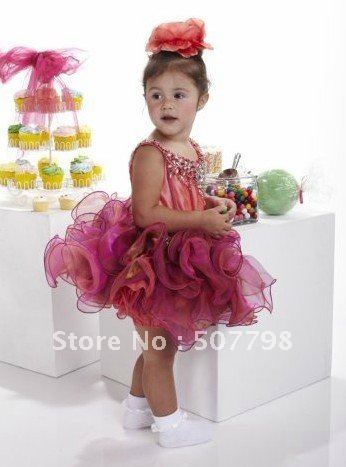 Custom Made Bubble Scoop Neckline Mini Purple Red Organza Beaded Tiffany Cupcake Pageant Skirt Flower Girl Dress