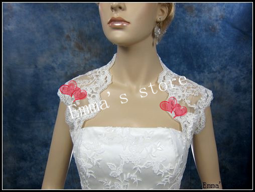 Custom Made Cheap 2013 New Hot 3/4 sleeve shrug alencon lace Beaded wedding jacket keyhole back white ivory Wedding Bridal Wraps