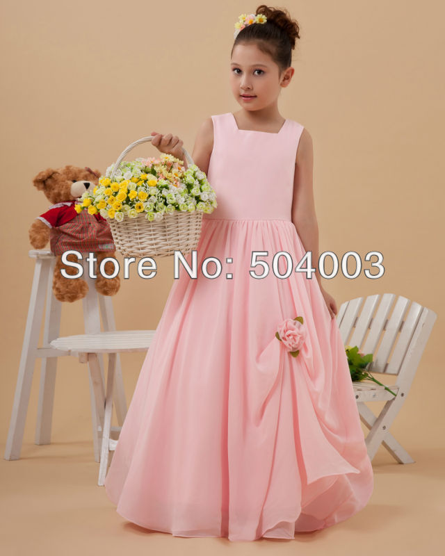 Custom-made Cheap Taffeta Flower Ruffle Square Neck Floor Length Flower Girl Dresses  free shipping