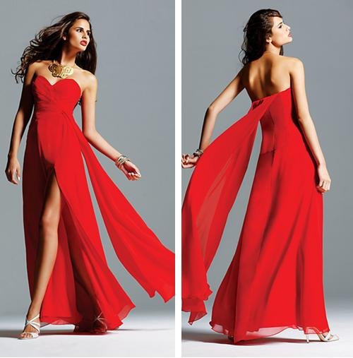 Custom Made Chiffon Fly-Away Train Strapless Sweetheart Christmas Red Celebrity Style Prom Gown Dresses