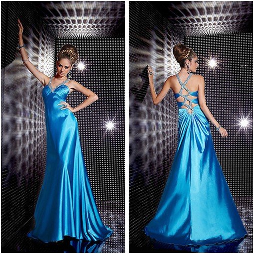 Custom Made Christmas Floor Length Satin V-neck Elegant Turquoise Prom Gown Dress