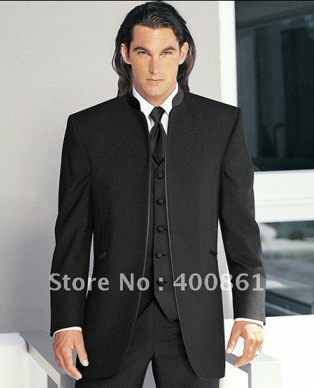 Custom-made Classic Men's Black/White Stand Collar Groom Tuxedos Men's Suits