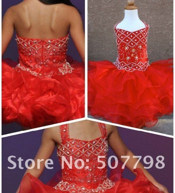 Custom Made Flower Girl Dress Free Shipping Halter Red Giltz National Girl Cupcake Pageant Dresses