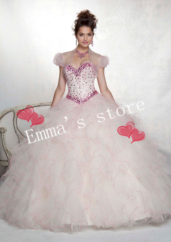 Custom Made Free Shipping 2013 Popular Within Jacket A-Line Beaded Organza Pink Gold Multi Formal Quinceanera Gowns Dresses