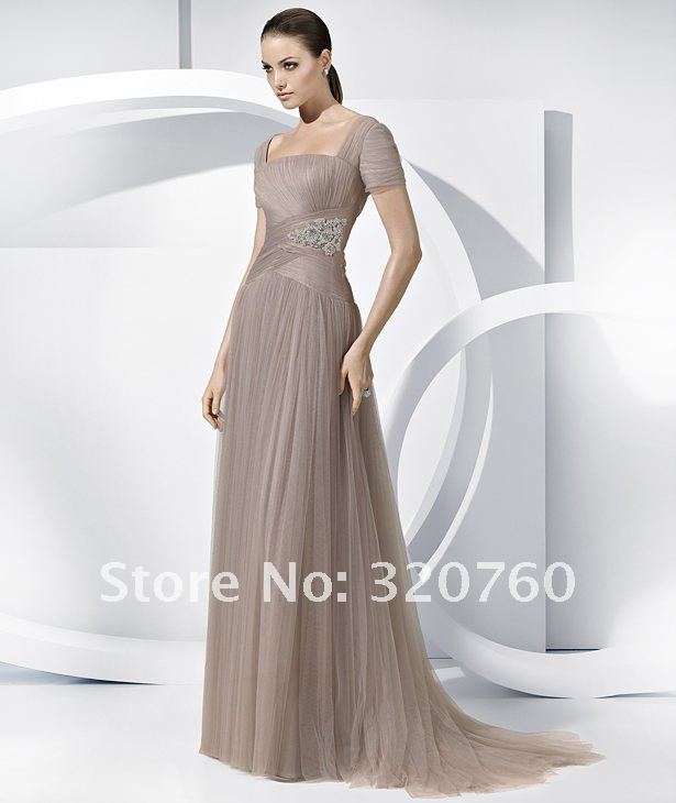 Custom made free shipping square short sleeve Tulle Floor Length chapel elegant evening dresses prom dresses party gowns