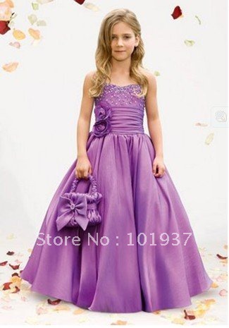 custom made girls pageant dresses purple flowers beading flower girl dresses for weddings ch01