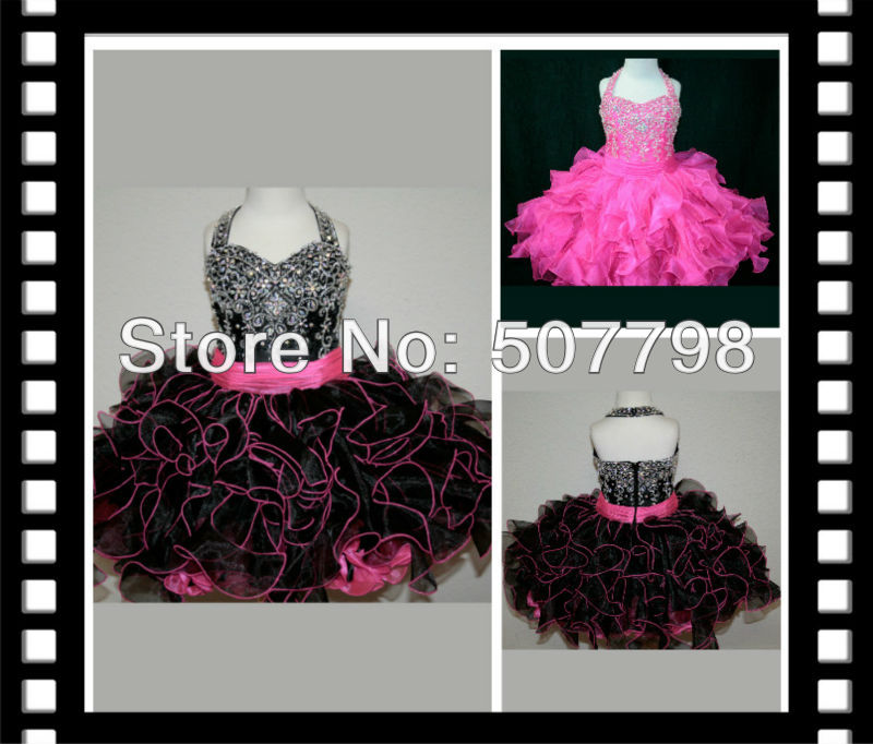 Custom Made Halter Two Toned Balck/Pink Organza Mini Flower Girl Dresses, Free Shipping Cupcake Gown