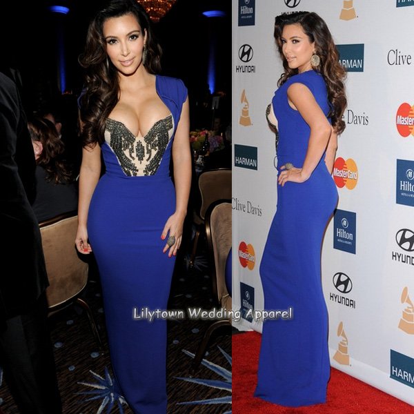 Custom Made Kim Kardashian Cleavage 2012 Pre Grammy Sheath Sexy Crystal Chiffon Blue Celebrity Dresses Evening Dress Gowns