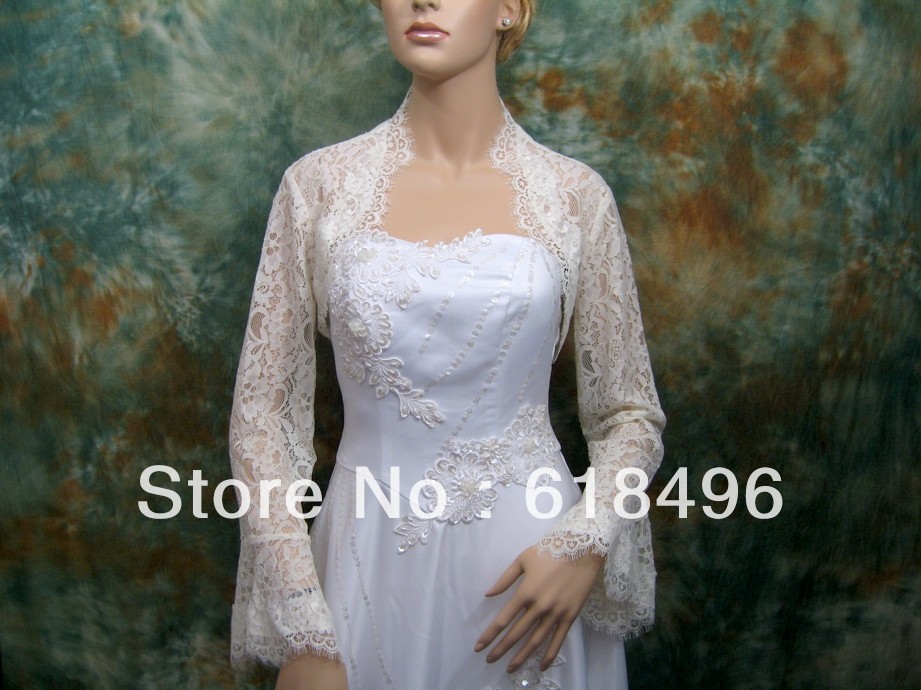 Custom Made Lace Wedding Jackets Bridal Wraps Applique long bell sleeve bridal re-embroidered lace bolero jacket