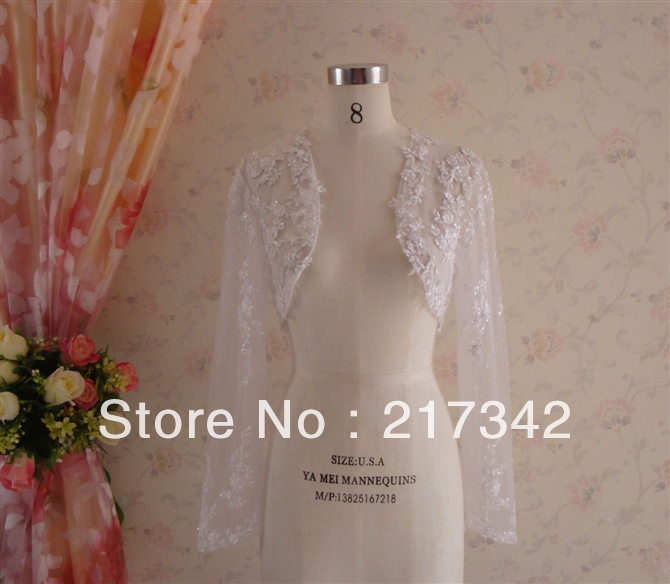 Custom Made Long Sleeves Ivory White Tulle Applique Beading Wedding Accessories -Jacket  Size 4-6-8-10-12 J42