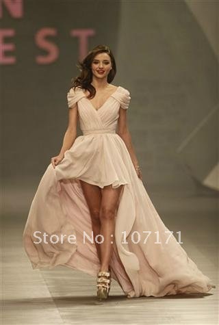 Custom-made Miranda Kerr V-neck Cap Sleeve Chiffon Hi-Lo Pink Celebrity Dress Red Carpet DressSexy Dress Free Shipping