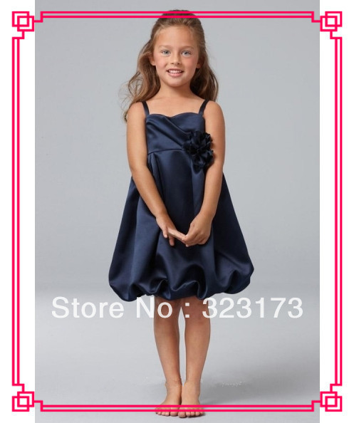 Custom Made Navy Blue A-line Satin Hand-made Flower Knee Length Retail Girls Dresses Party Short