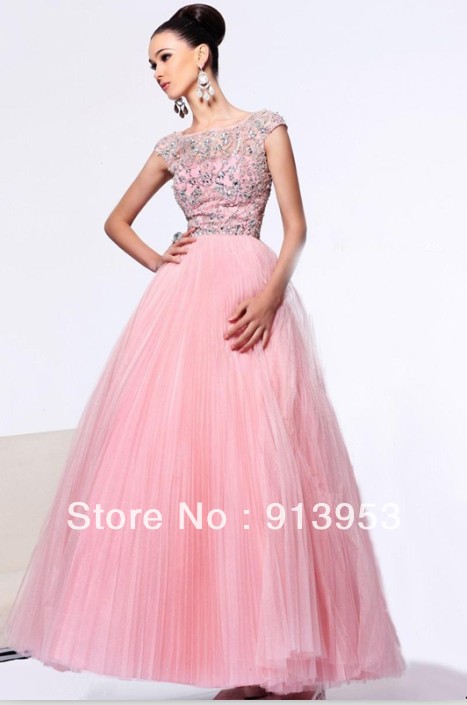 Custom Made New Arrival A-line Beaded Cap Sleeve Scoop Tulle Long Prom Dresses Party Gowns Evening Dresses