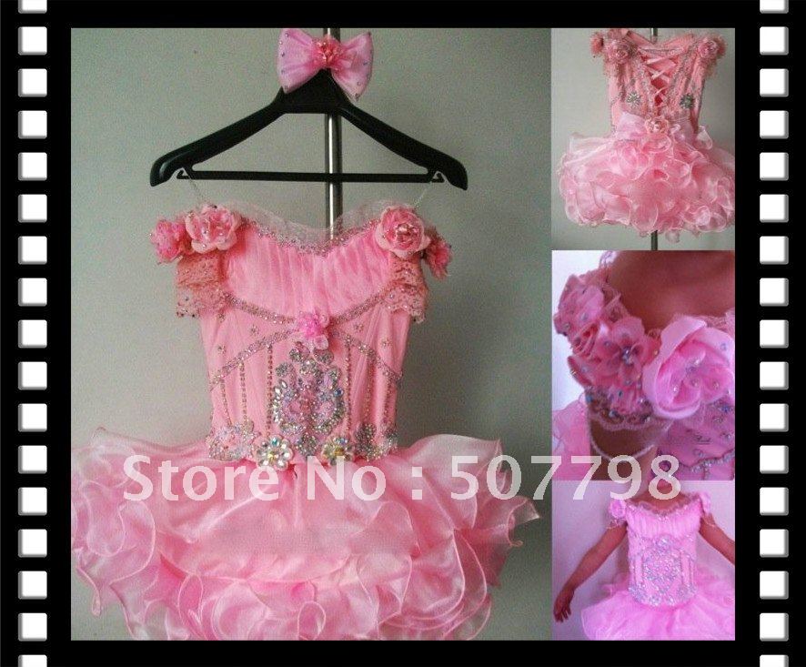 Custom Made Pink Glitz National Cupcake Pageant Dress,Free Shipping Little Queen Flower Girl Dress 0-6T