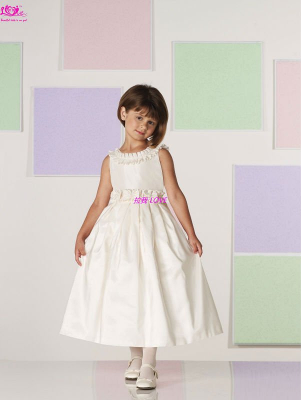 Custom Made Pretty Satin Double Shoulder High Collar Long Flower Appliqued White Ball Gown Flower Girl Dress