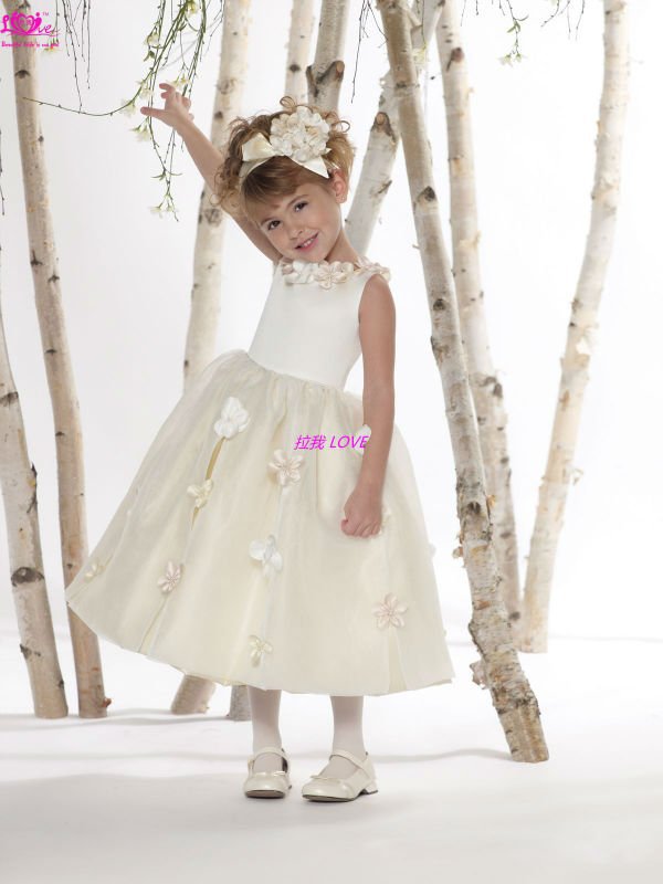 Custom Made Pretty Satin&Tulle Double Shoulder High Collar Long White Appliqued Ball Gown Girls' Gown
